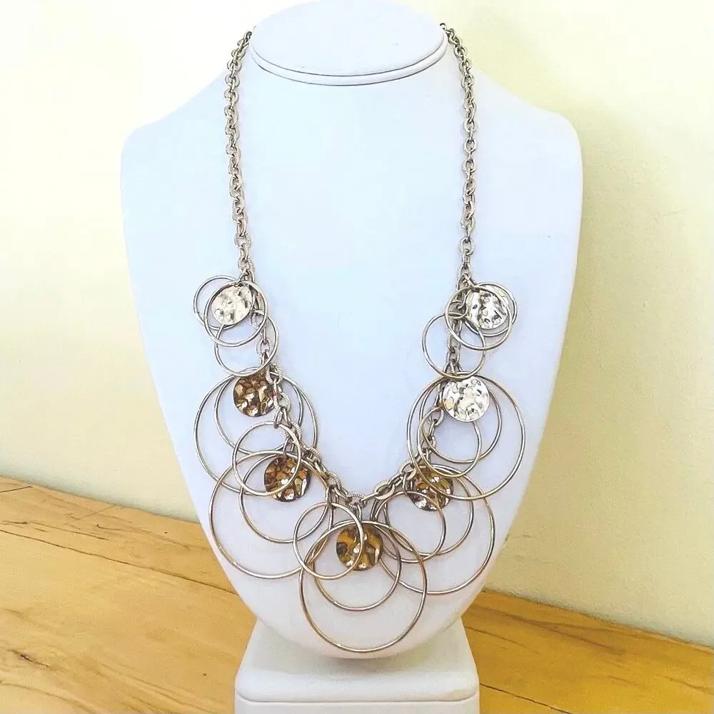 Vtg Hammered Disc Circle Retro Statement Necklace Link Chain Modernist